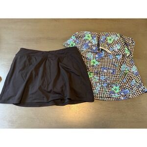 black check strapless tankini skirt LANDS END   two piece swimsuit bikini size 6